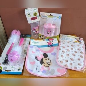 New Disney baby Minnie Mouse gift set bottle sippy cup bib burp cloth, T7MIS